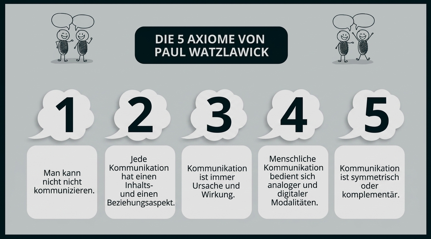 Infografik zu den 5 Axiomen von Paul Watzlawick mit Sprechblasen und nummerierten Punkten.